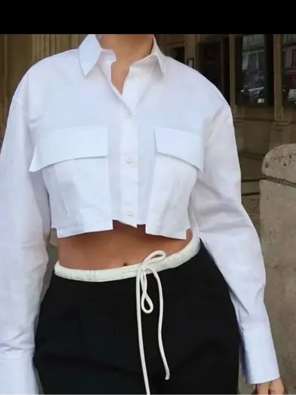 Commense White Cropped Button-Down Shirt with Flap Pockets